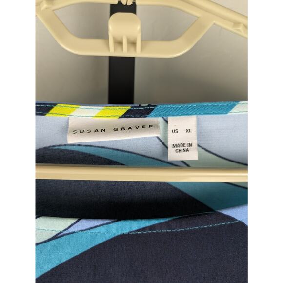 Susan Graver 3/4 length tie sleeve liquid knit shirt blue green geometric - Picture 3 of 6